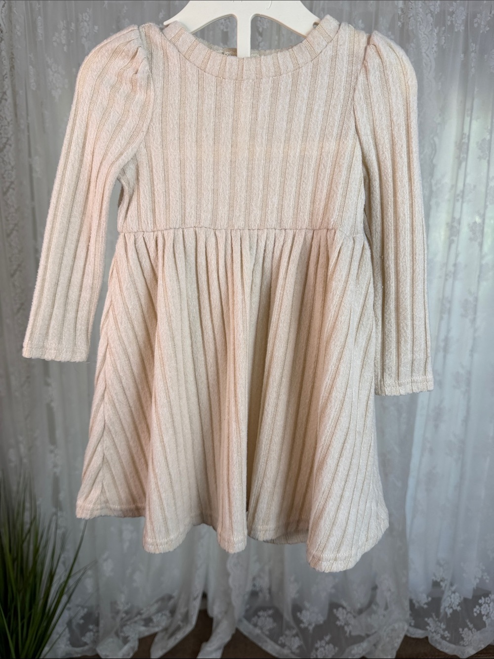 (5for$12) btween Cream Ribbed Long-Sleeve Twirl Dress- 2T